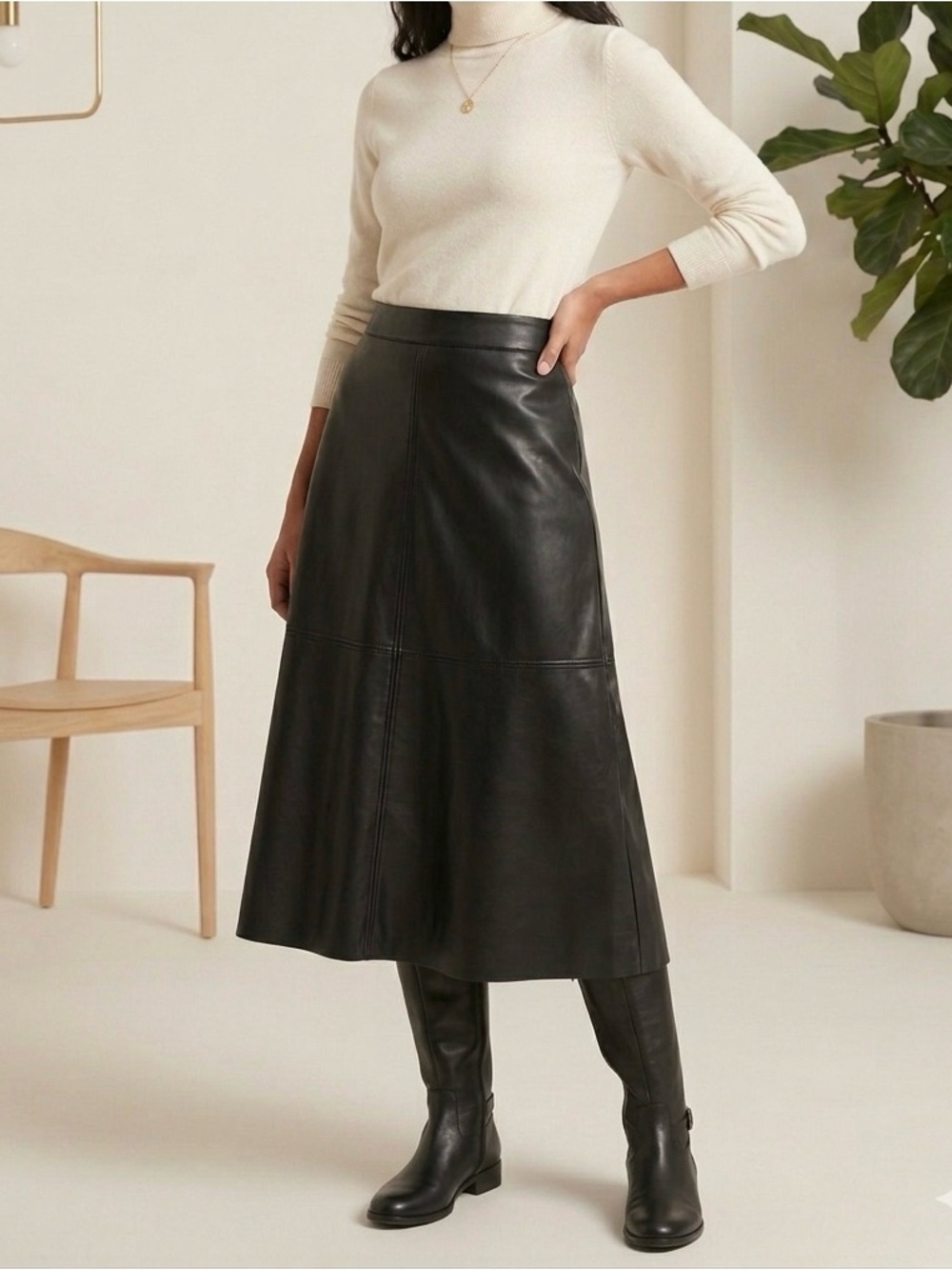 a new day Black Faux Leather Midi Skirt
